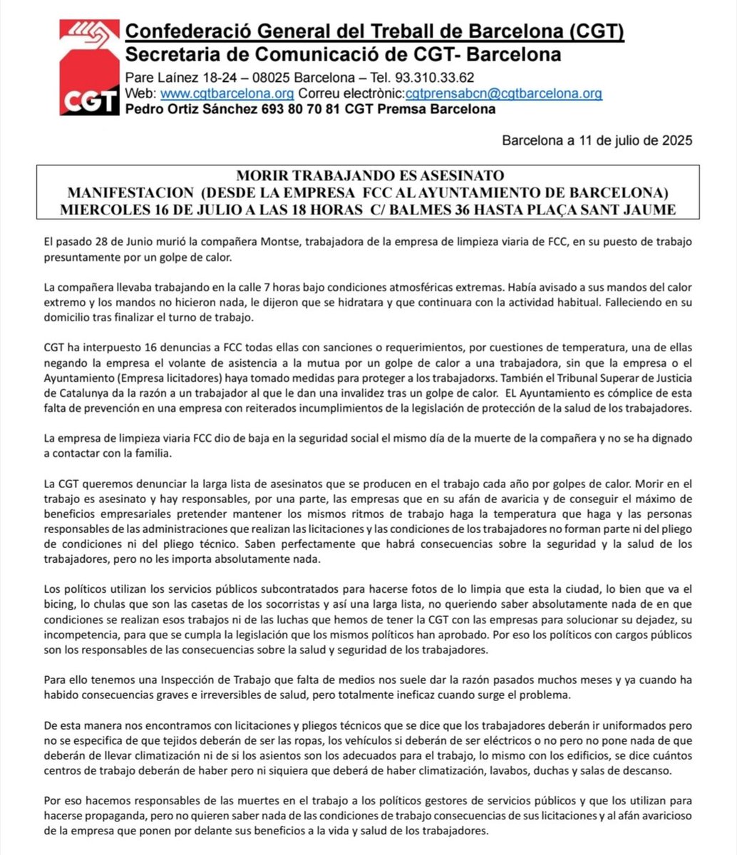 CGT BarcelonⒶ (@cgtbarcelona) on Twitter photo El 28 de Junio murió la compañera Montse, trabajadora de limpieza viaria de <a href="/FCC_MA/">FCC Medio Ambiente</a> de BCN, que ya ha sido requerida y sancionada por 16 denuncias previas de <a href="/cgtlimpiezabcn/">Sindicato de Limpieza de BCN/CGT (A) 🏴🏴☠️</a>
🔴CONCENTRACIÓN
⚫️MANIFESTACIÓN
📍 Miercoles 16/7 a las 18h
👣 De <a href="/FCC/">FCC</a> Balmes 36
al <a href="/bcn_ajuntament/">Ajuntament de Barcelona</a> El 28 de Junio murió la compañera Montse, trabajadora de limpieza viaria de <a href="/FCC_MA/">FCC Medio Ambiente</a> de BCN, que ya ha sido requerida y sancionada por 16 denuncias previas de <a href="/cgtlimpiezabcn/">Sindicato de Limpieza de BCN/CGT (A) 🏴🏴☠️</a>
🔴CONCENTRACIÓN
⚫️MANIFESTACIÓN
📍 Miercoles 16/7 a las 18h
👣 De <a href="/FCC/">FCC</a> Balmes 36
al <a href="/bcn_ajuntament/">Ajuntament de Barcelona</a>
