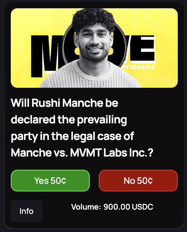 Will <a href="/rushimanche/">rushi</a> be declared the prevailing party in the legal case.

Manche vs. MVMT Labs Inc?

predict now on brkt.gg (only on Movement) 😱