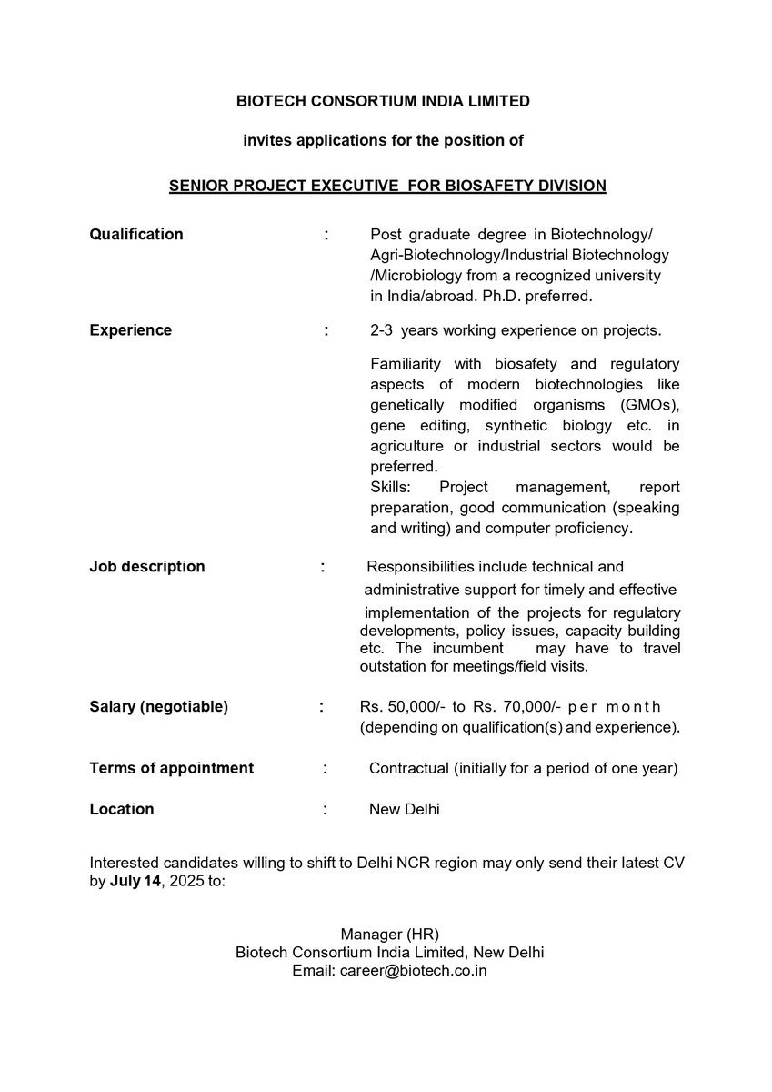 BCIL is hiring! We are looking for a Senior Project Executive for the Biosafety Division on a contractual basis. Apply by July 14, 2025.
biotech.co.in/sites/default/…