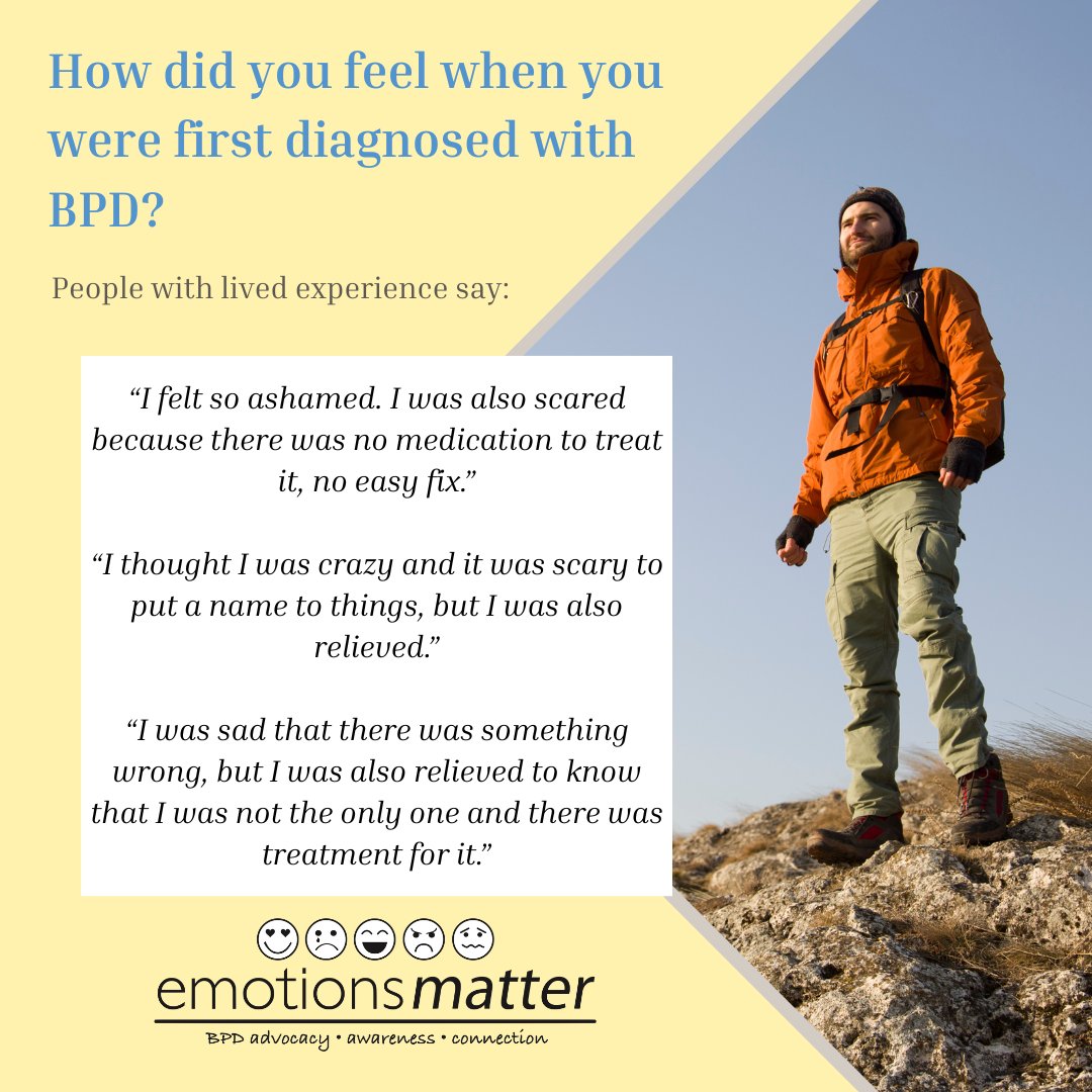 embpd's tweet image. Welcome to the first post in our summer series: BPD In Our Own Words. We asked people with lived experience: “How did you feel when you were first diagnosed with BPD?” Share your answers in the comments. Learn more: emotionsmatterbpd.org/publications #livedexperience #inourownwords #BPD