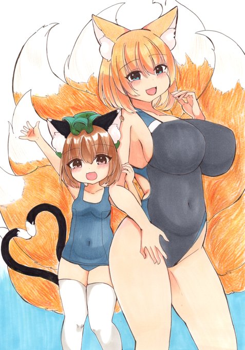 スク水橙ちゃんと競泳水着藍様描いた(●'ω`●)✨
らんちぇんはいいぞ…… 