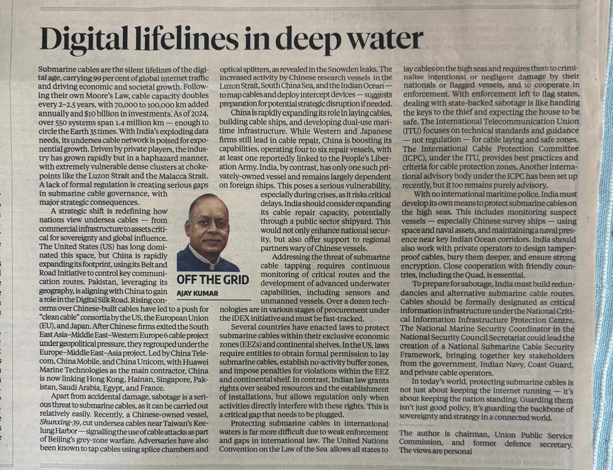 Submarine cables carry ~99% of the world’s internet traffic—my latest article explains why they are no longer just telecom infrastructure, but strategic assets India must urgently secure
My article in Business Standard titled “Digital lifelines in deep water” dated July 10, 2025