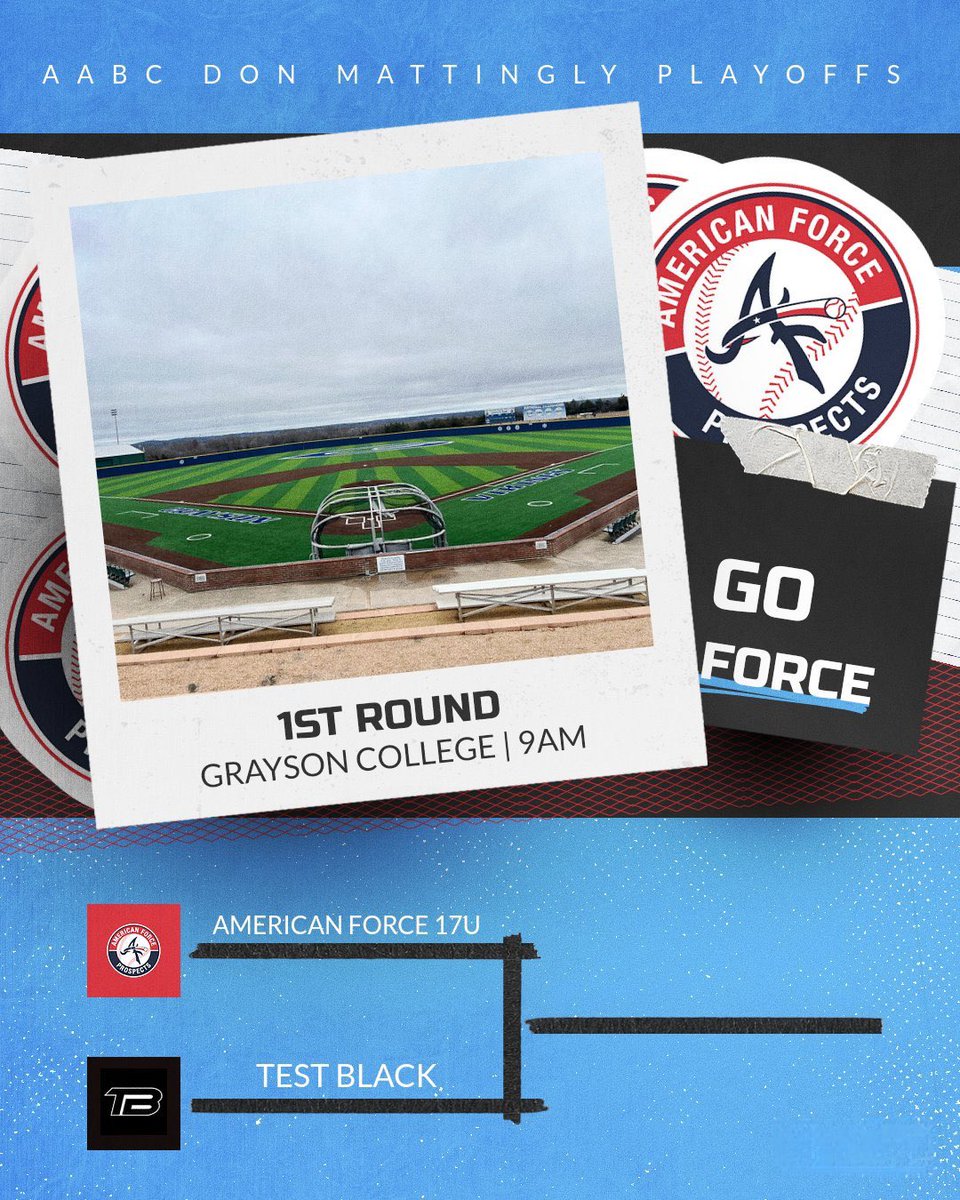 AMERICAN FORCE (@americanforcebb) on Twitter photo AMERICAN FORCE IS DANCING❗️
We take on TEST Black tomorrow @ Grayson College - 9AM in the 1st round of the AABC DON MATTINGLY Playoffs. Houston, Let’s Work.
Starting on the Hill: <a href="/chase_bucklew/">Chase Bucklew</a> AMERICAN FORCE IS DANCING❗️
We take on TEST Black tomorrow @ Grayson College - 9AM in the 1st round of the AABC DON MATTINGLY Playoffs. Houston, Let’s Work.
Starting on the Hill: <a href="/chase_bucklew/">Chase Bucklew</a>