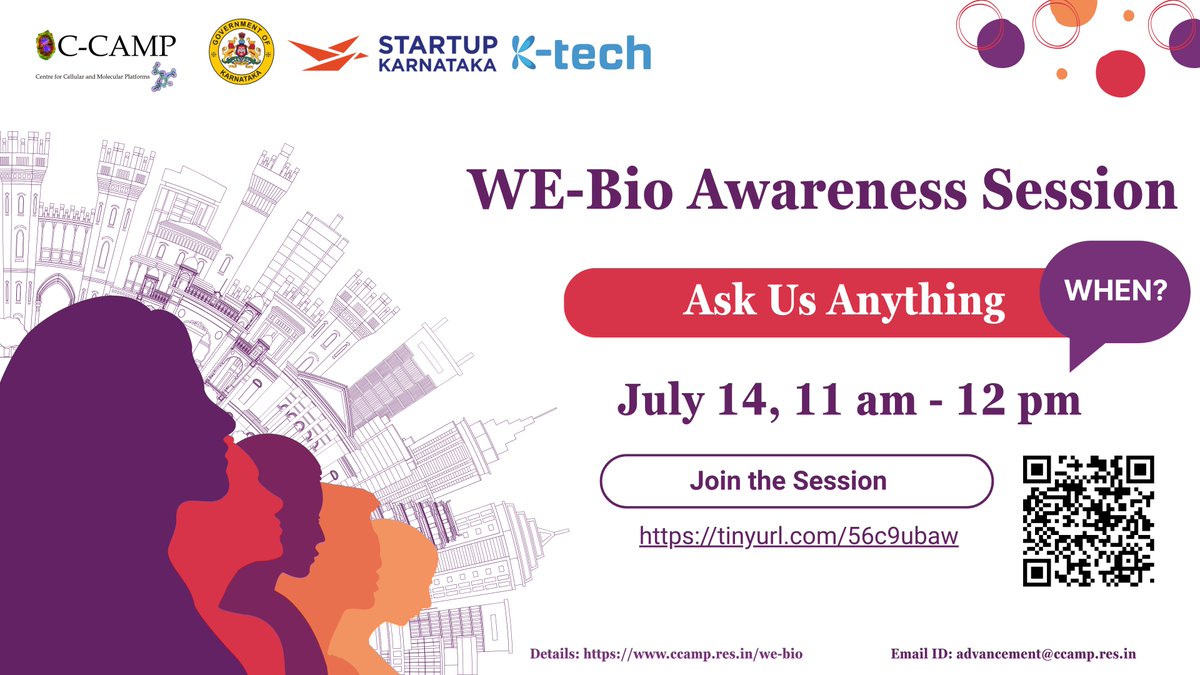 Join us for the WE-Bio Awareness Session — an incubation programme exclusively for women-led startups in Karnataka, aimed at empowering and nurturing women entrepreneurs in the field of biotechnology.

🗓️ Date: Sunday, 14th July 2025
🕚 Time: 11:00 AM – 12:00 PM (IST)
📍 Online |