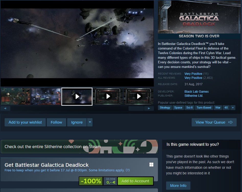 I still remember the time when I played BSGO online inspired from the TV series, that was sad when online game was shut down 😢 So now is opportunity to grab one game from this franchise for free on Steam till 17 July
#gaming #FreeGame