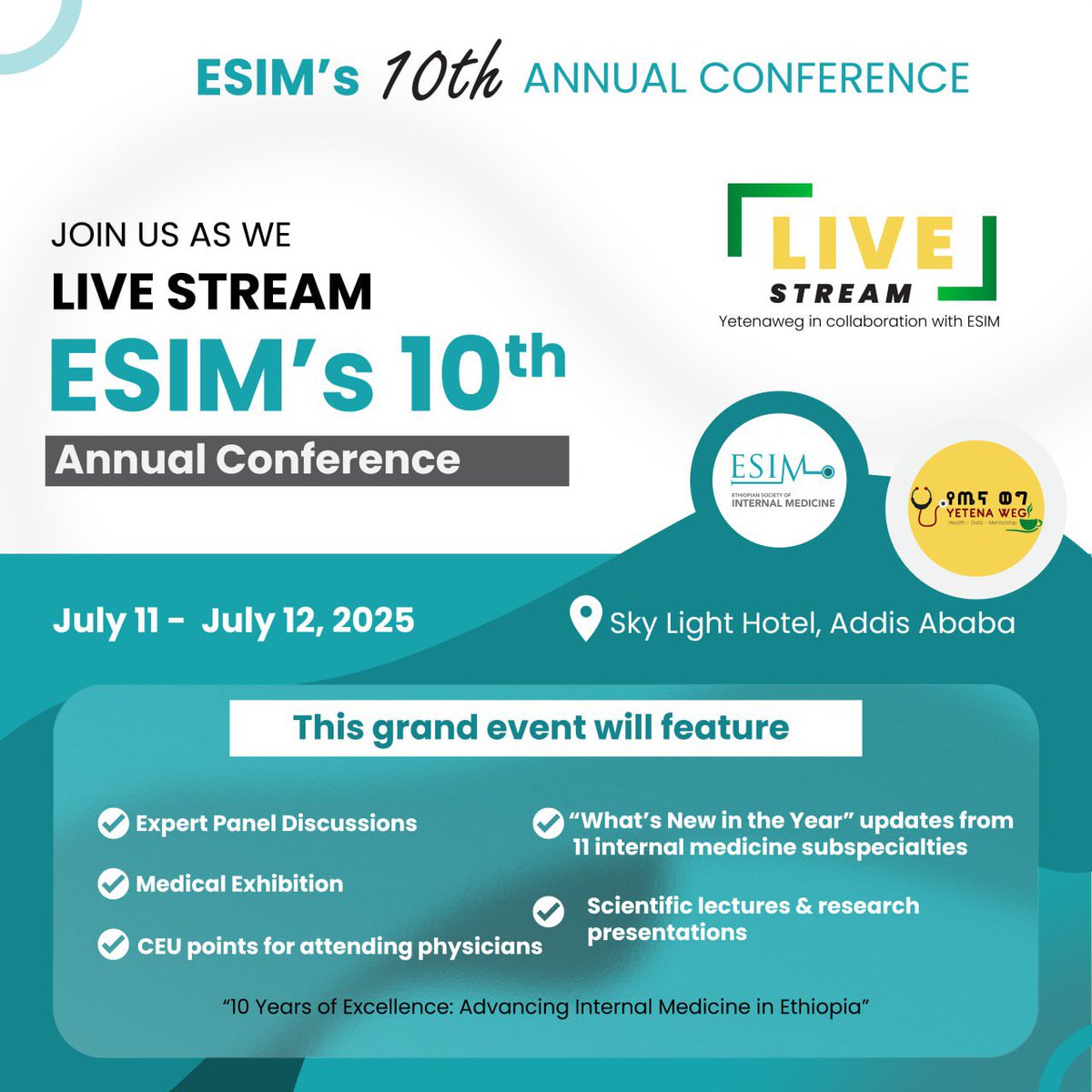 YetenaW's tweet image. 📢 We are pleased to announce our partnership with the Ethiopian Society of Internal Medicine (ESIM) to bring you the 🎥 live stream of the 10th Annual Conference of ESIM, happening starting today July 11 till July 12, 2025, from the Sky Light Hotel, Addis Ababa.
🔔 livestream…