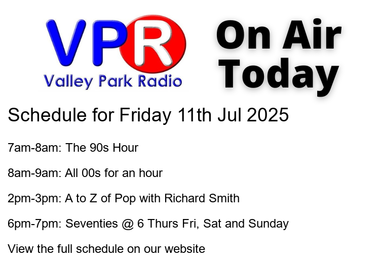 📻 #OnAir today:
🕖 7am: One hour of back to back hits from the 90s.
🕗 8am: All 00s for an hour
🕑 2pm: @theatozofpop
🕕 6pm: Seventies @ 6 Thurs Fri, Sat and Sunday
☎️ 01322 428362
📟 ...

#HospitalRadio #OnAir #ListenLocal #ValleyParkRadio

bit.ly/vprweb