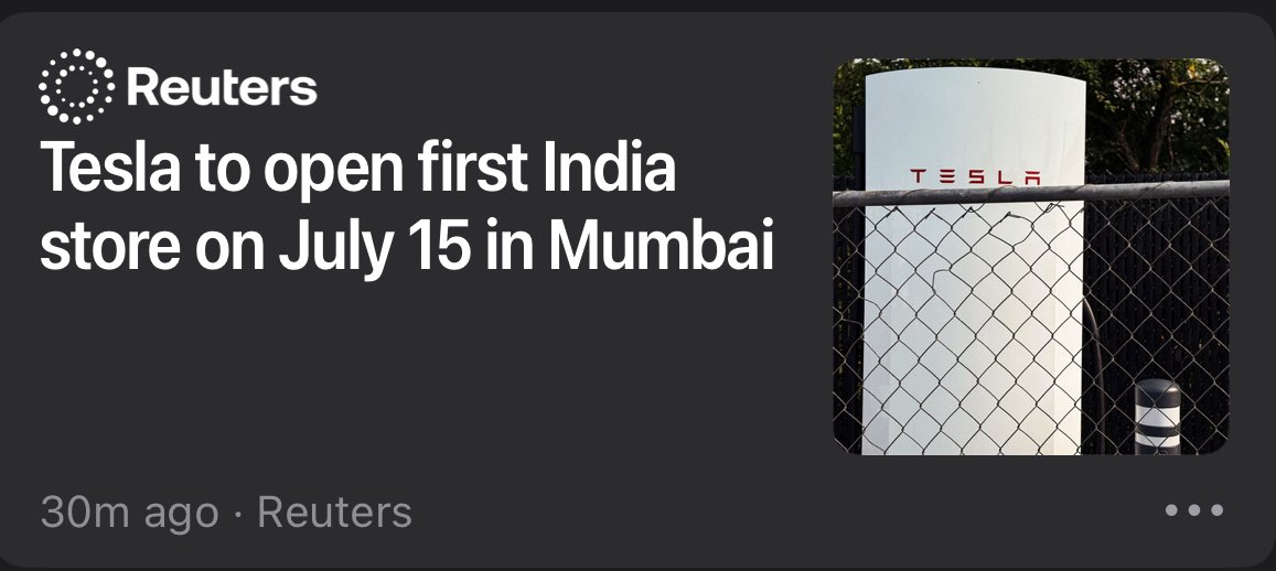 🚨BREAKING: Tesla $TSLA to launch in India 🇮🇳 on July-15. 

That’s just 5 days away my friends 🔥👏👏