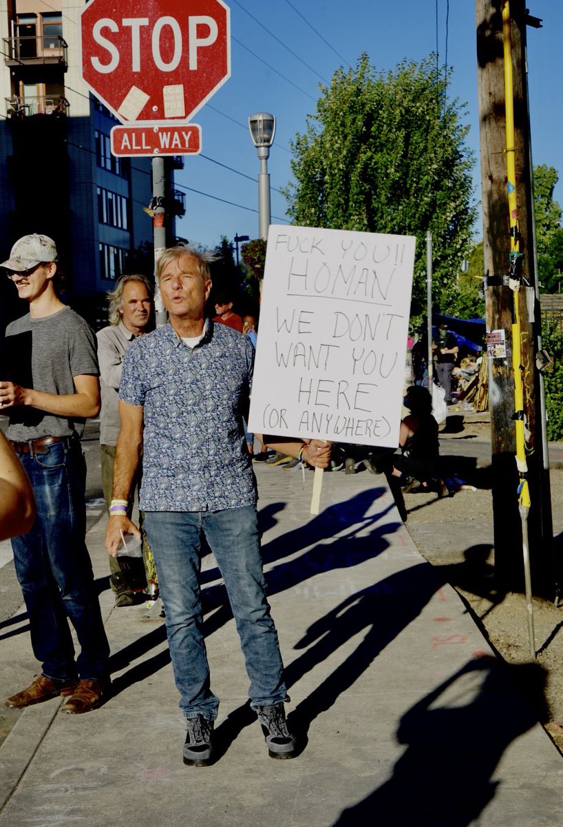 A regular Portland liberal came down to protest with the black bloc crowd. His sign says “Fuck you Homan, we don’t want you here.”  We actually had a pleasant conversation after the initial rudeness when he called us “traitors”. But he calmed down after talking to us.