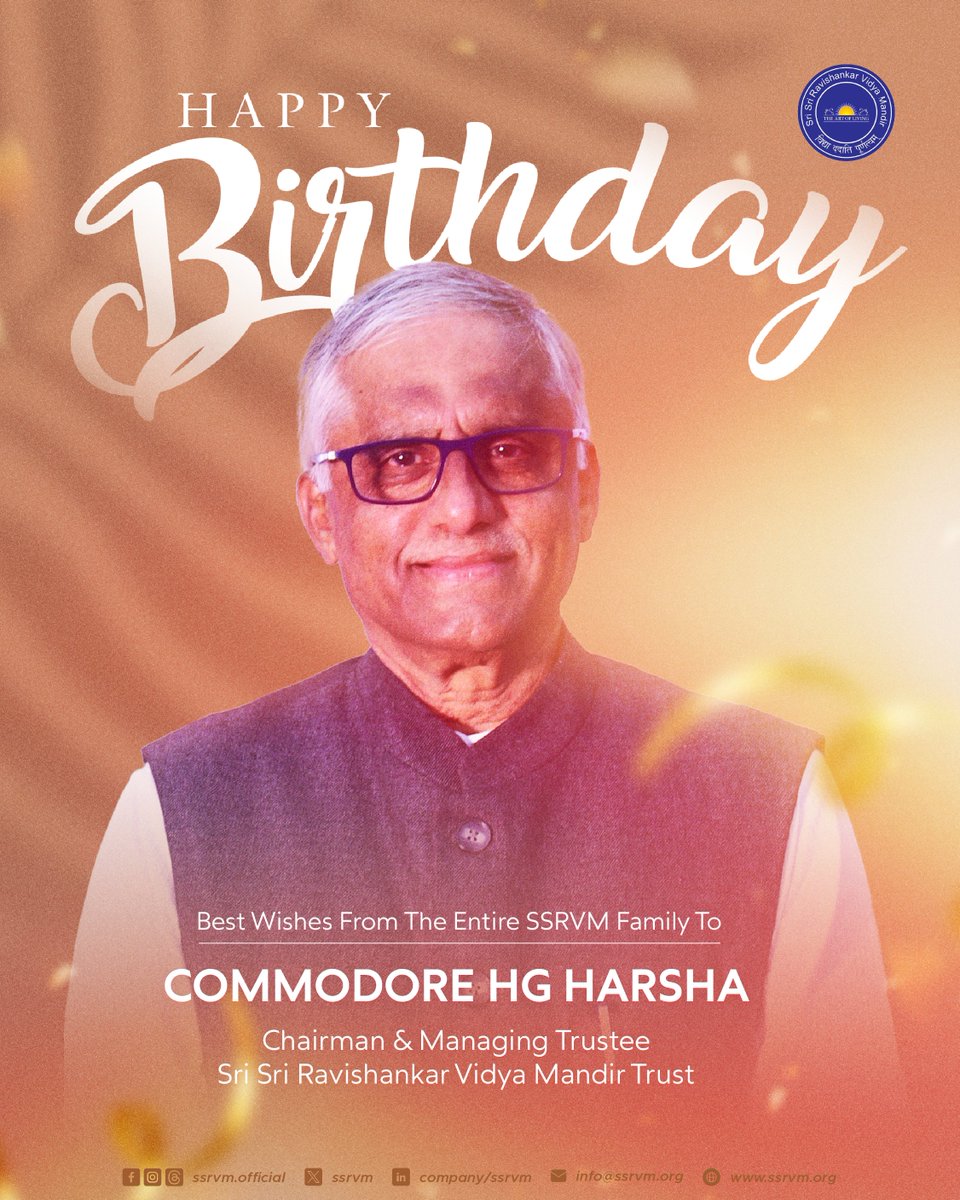 ssrvm's tweet photo. The SSRVM family wishes our Chairman & Managing Trustee - Commodore HG Harsha @hgharsha , a very Happy Birthday!
Your leadership and commitment to Gurudev Sri Sri Ravi Shankar Ji's vision continue to inspire us every day. ✨

#HappyBirthday #SSRVM #EducationMatters #LeadershipWithGrace  #BirthdayWishes