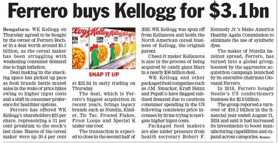 A Confectionary company that runs brands such as Nutella, Kinder, Ferrero Rocher, Tic Tac is buying out a packaged breakfast snacking brand. Interesting road ahead in the fast moving consumer packaged food space.