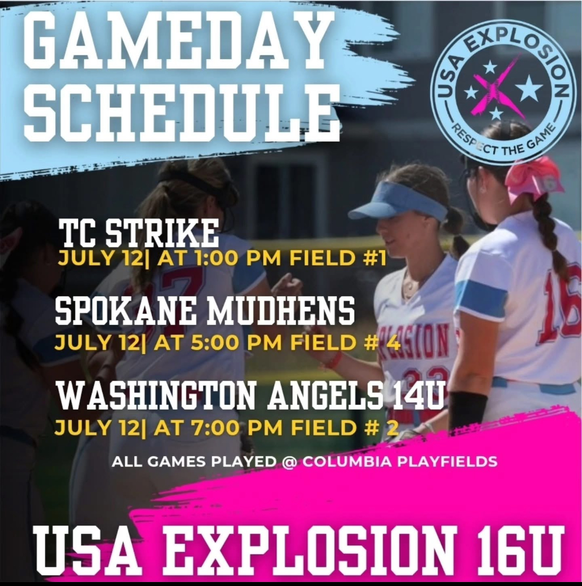 Coaches‼️ 

Come watch USA Explosion 16U Spokane at the Sluggers &amp; Dingers Tournament this Saturday at Columbia Playfields! 

🚨Schedules are up 📅 This squad brings speed, power, high softball IQ, and unmatched coachability. 

Talented athletes you won’t want to miss!