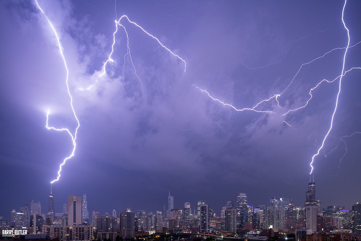 12:01am on Friday morning.  Lightning hitting both Sears Tower and the Hancock Building in Chicago. #weather #news #ilwx #chicago #storm #lightning