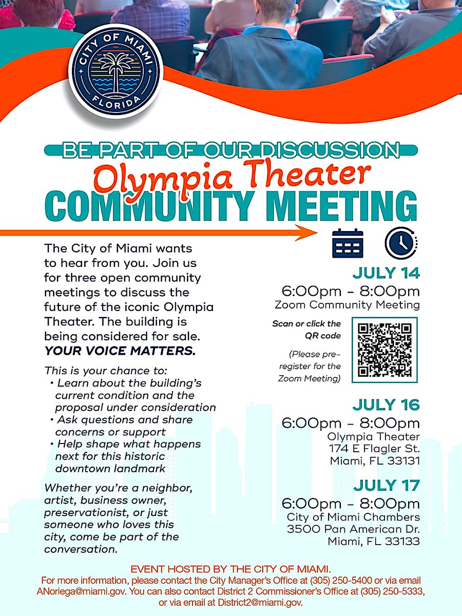 FlaglerBID's tweet photo. THE OLYMPIA THEATER – WEIGH IN!
. . . attend at least one of next week's meetings to discuss one of Miami’s most significant historic landmarks. July 14, 16, &amp; 17. The Olympia has hosted generations of cultural events, community gatherings, and celebrations since 1926. https://t.co/uT4WSMsh14