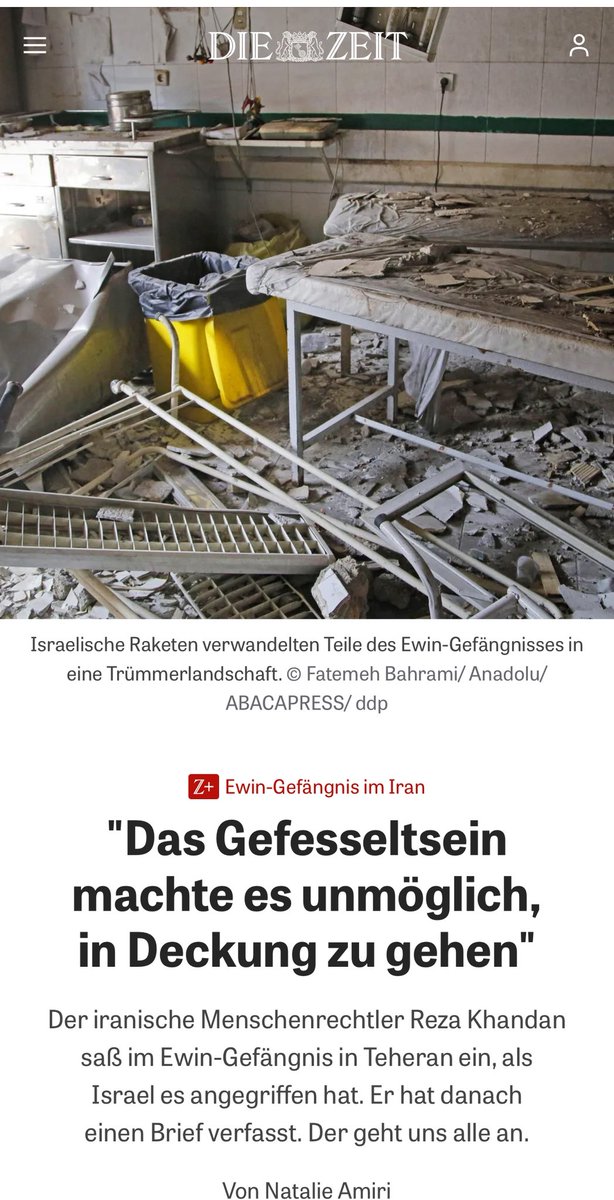 NatalieAmiri's tweet image. Der iranische Menschenrechtler Reza Khandan saß im Ewin-Gefängnis in Teheran ein, als Israel es angegriffen hat. Er hat danach einen Brief verfasst. Der geht uns alle an. zeit.de/kultur/2025-07…