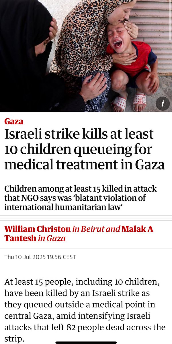 dorje_m's tweet image. This kind of horrific war crime has become such a daily routine in Gaza that it doesn’t get mentioned by #r4today…
Israeli strike kills at least 10 children queueing for medical treatment in Gaza in attack that NGO says was ‘blatant violation of international humanitarian law’