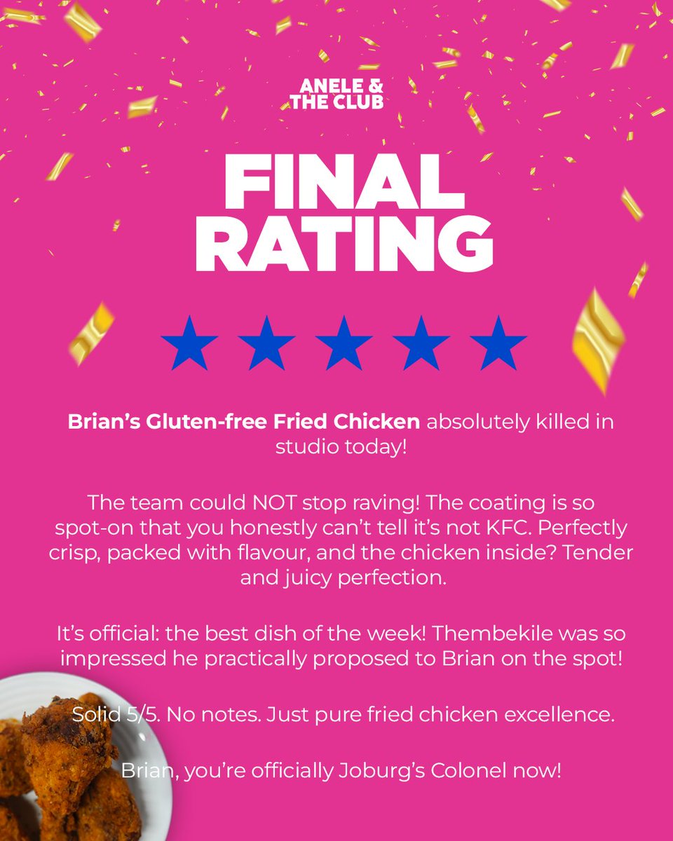 Brian’s gluten-free fried chicken just stole the show! 🔥🍗

The crunch? Perfect. The flavour? Next level. The team couldn’t believe it wasn’t KFC!
5/5 and officially the best dish of the week!

#AneleAndTheClubOn947