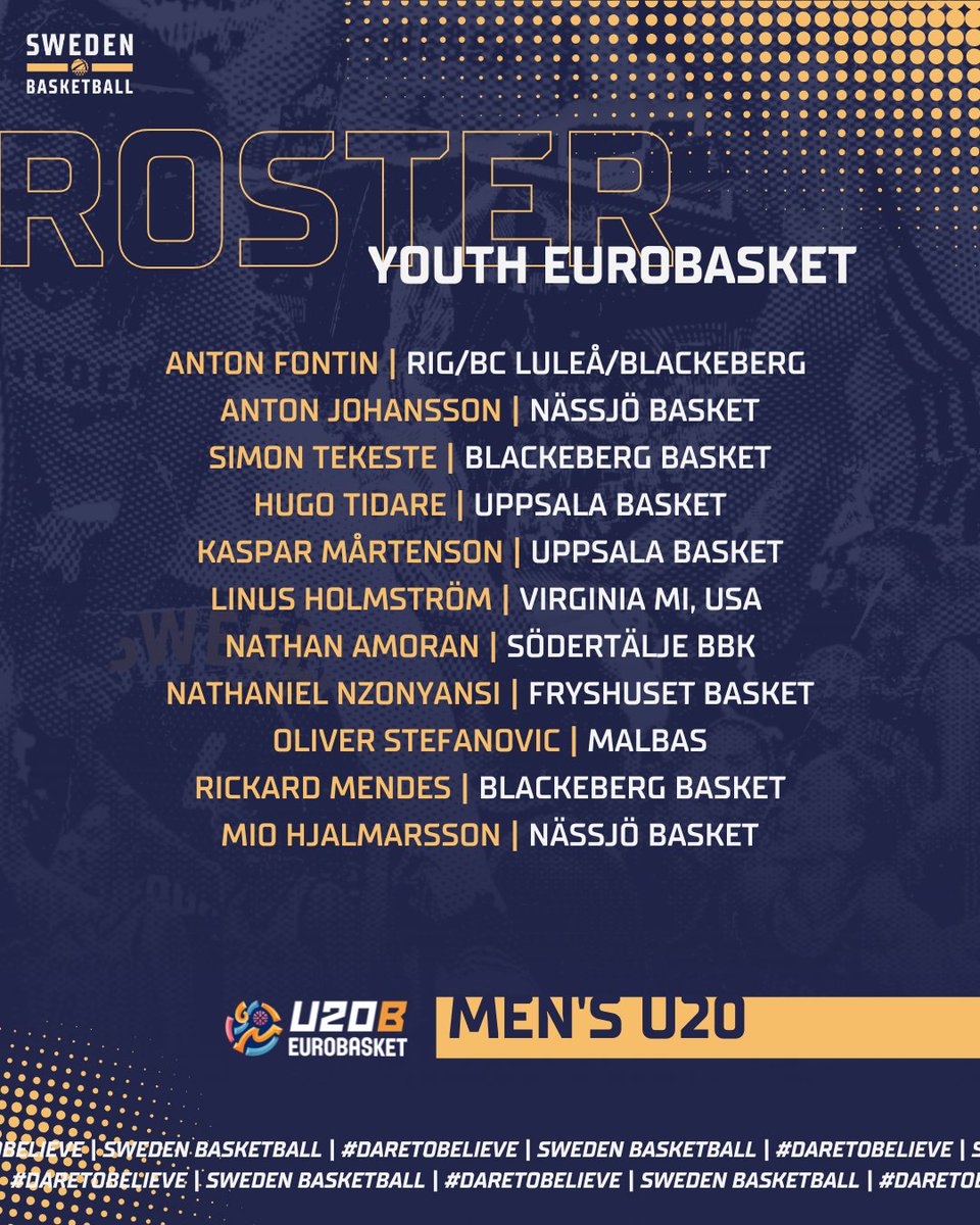 It’s GAMEDAY! 🇸🇪🏆

The Men’s U20 starts off their #U20EuroBasket vs. 🇹🇷 this afternoon - let’s get it! 👊

📋 Check out the MU20:s roster and schedule for the EB.

📺 Watch live: youtube.com/watch?v=JYifEB…

#SwedenBasketball | #DareToBelieve
