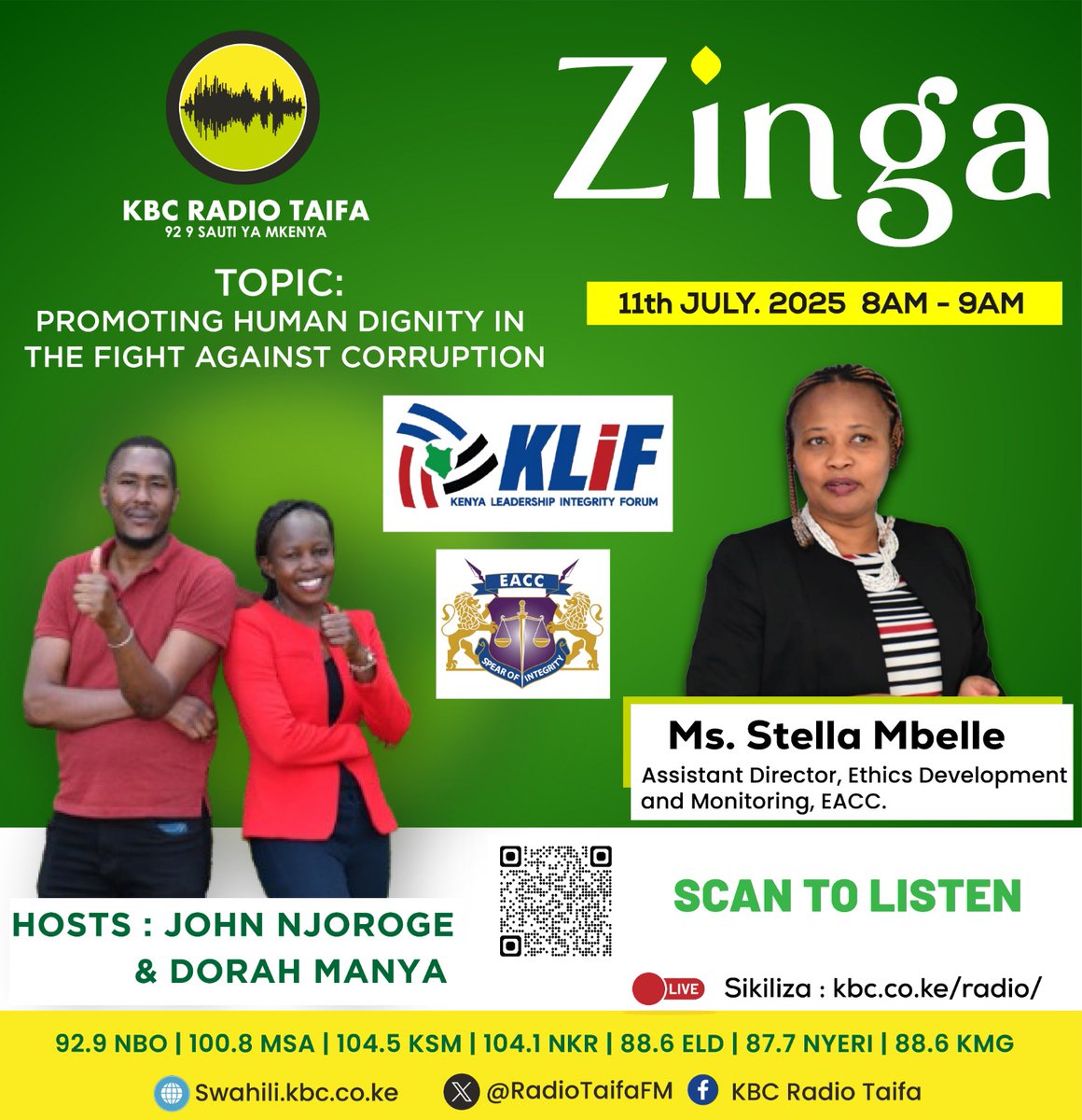 Dorah Manya (@dorahmanya) on Twitter photo Leo ni African Anti- Corruption Day
Je wajua kwamba ufisadi ni uhalifu dhidi ya kibinadam yaani a crime against humanity ?
#Zinga
<a href="/RadioTaifaFM/">KBC Radio Taifa</a>
<a href="/DorahManya/">Dorah Manya</a>
<a href="/EACCKenya/">EACC</a>
<a href="/captainnjoroge1/">Captain Njoroge Ng'ang'a</a> Leo ni African Anti- Corruption Day
Je wajua kwamba ufisadi ni uhalifu dhidi ya kibinadam yaani a crime against humanity ?
#Zinga
<a href="/RadioTaifaFM/">KBC Radio Taifa</a>
<a href="/DorahManya/">Dorah Manya</a>
<a href="/EACCKenya/">EACC</a>
<a href="/captainnjoroge1/">Captain Njoroge Ng'ang'a</a>