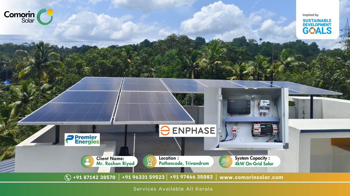 COMORINSOLAR1's tweet image. Customer Name : Mr. Roshan Riyad, Pothencode, Trivandrum 
👉 Project Specification — 4KW On-Grid Solar Plant
👉 Inverter — Enphase India Micro Inverter
👉 Solar Panel — Premier Energies 540WP Panel

#energy #EnergyStorage #netzero #solarpower #solarsystem #ClimateAction #Kerala