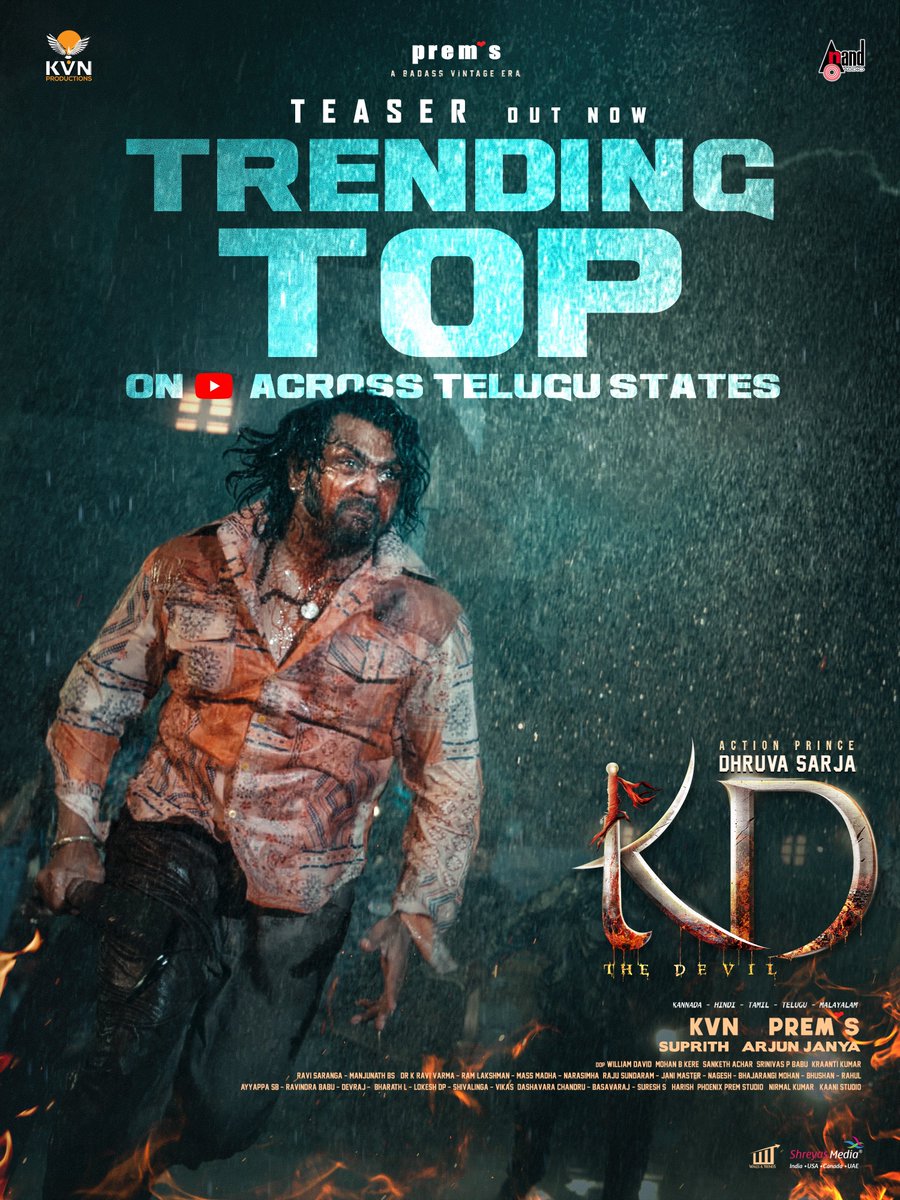 KvnProductions's tweet image. KILLING UP the charts with Mass Mayhem 🪓🪓
#KDTeaser is creating a CARNAGE across Telugu States Trending TOP on YouTube 💥💥
▶️ youtu.be/wFmgarVBY1s
#KDTheDevil #KD @DhruvaSarja @directorprems @duttsanjay @Ramesh_aravind #VRavichandran @TheShilpaShetty #NoraFatehi…