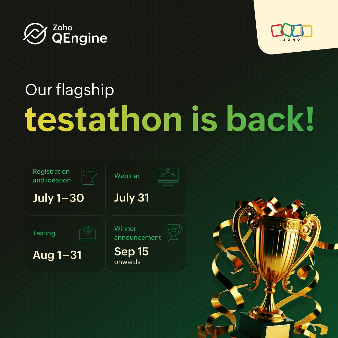 ZohoQEngine's tweet image. Zoho QEngine Testathon 2025 is back! Here&apos;s a chance to show off your testing skills to the QA community and win big prizes! Register here: lnkd.in/gj2AizhZ
#ZohoQEngine #Testathon2025