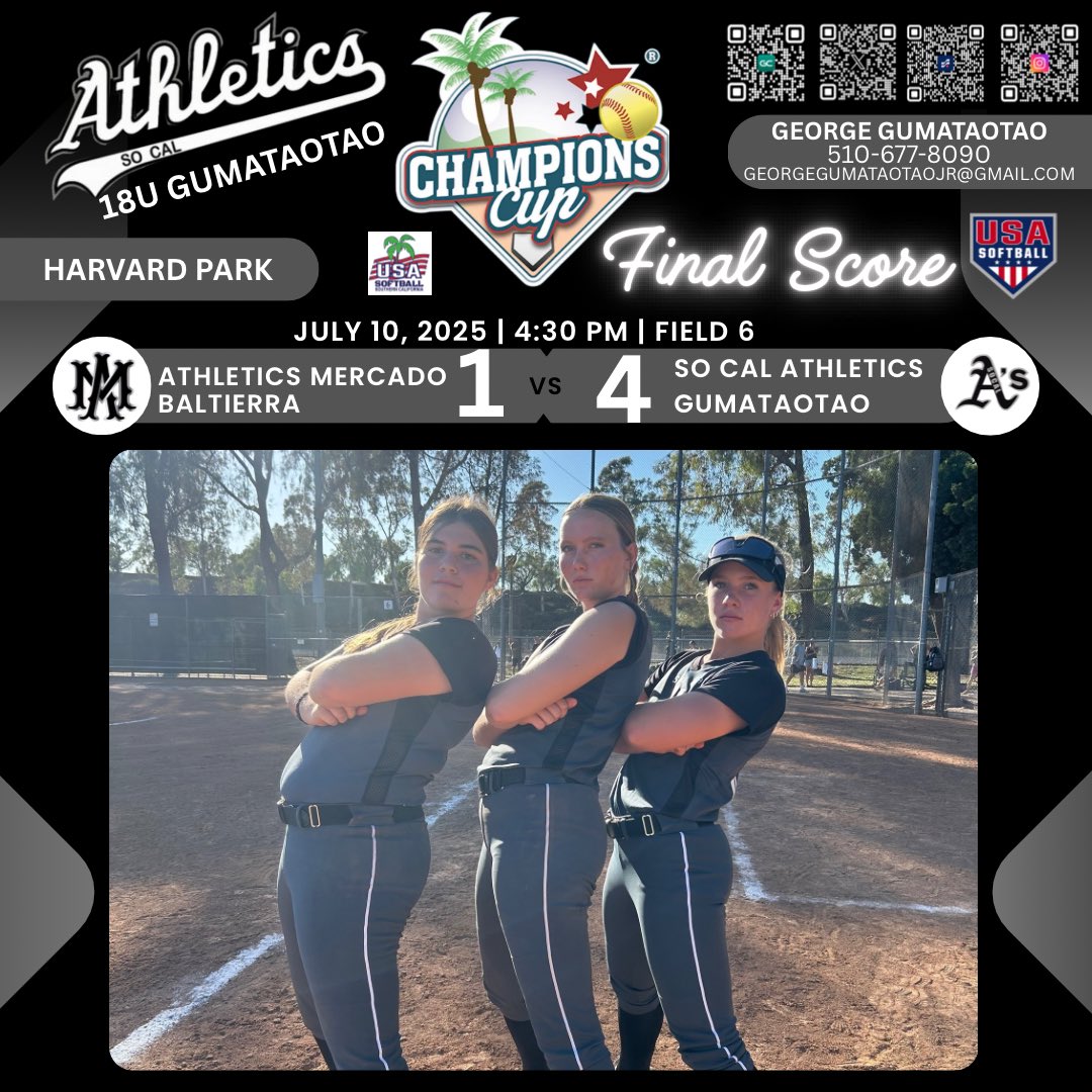 So Cal Athletics Gumataotao (@scas_gumataotao) on Twitter photo So Cal Athletics took Game 2 of pool play at <a href="/ChampCupElite/">Champions Cup Elite</a> 4-1.
Callie “California” Howard <a href="/CIHoward25/">Callie Howard</a> dominated with 9Ks in the circle.
Five players had hits, including <a href="/KaylaSoftball77/">Kayla Fullalove-Silveira-2025</a> with a 2B and 3 RBIs.
#SoCalAthletics #ChampionsCup #TeamWin #LionsOnly🦁 So Cal Athletics took Game 2 of pool play at <a href="/ChampCupElite/">Champions Cup Elite</a> 4-1.
Callie “California” Howard <a href="/CIHoward25/">Callie Howard</a> dominated with 9Ks in the circle.
Five players had hits, including <a href="/KaylaSoftball77/">Kayla Fullalove-Silveira-2025</a> with a 2B and 3 RBIs.
#SoCalAthletics #ChampionsCup #TeamWin #LionsOnly🦁