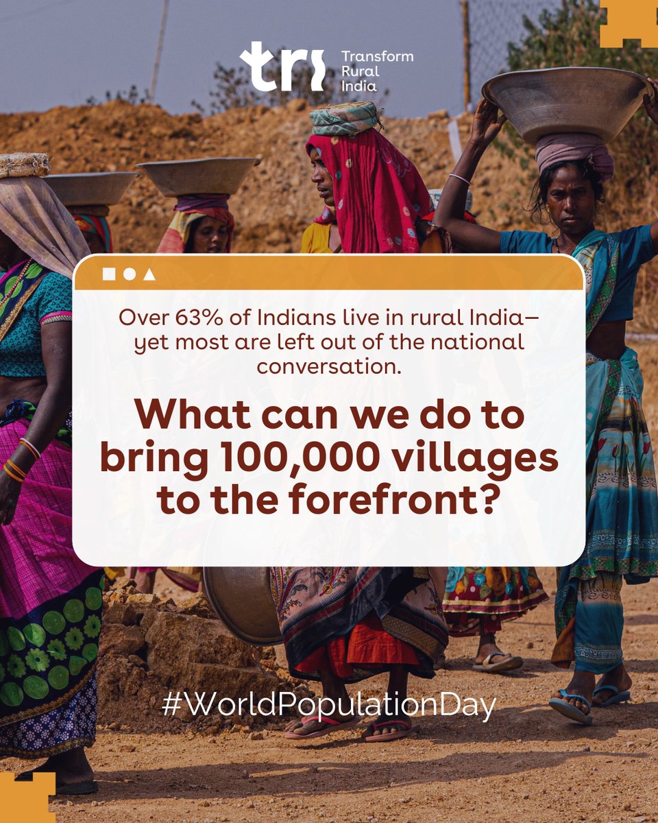 TRIFoundation's tweet image. 📣 63% of India lives in rural areas. So why are their voices still on the margins?
On #WorldPopulationDay, we’re asking a simple but urgent question:
What will it take to bring 100,000 villages to the forefront of policy, opportunity, and progress?
At TRI we’ve seen what’s…