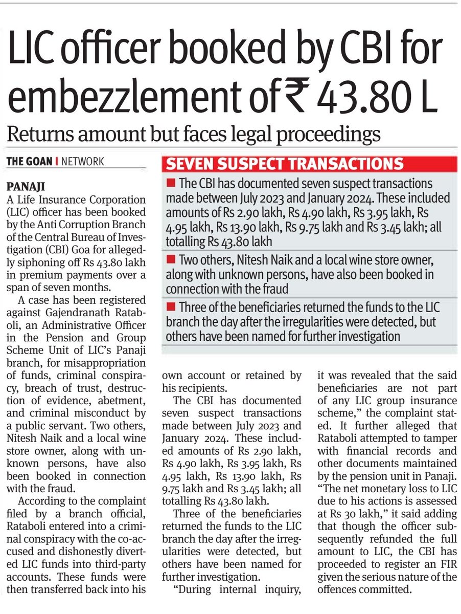 thegoanonline's tweet image. THE GOAN | #LIC officer booked by #CBI for #embezzlement of Rs 43.80 L

Read more: thegoan.net/goa-news/%EF%B…

#Goa #News #Headlines