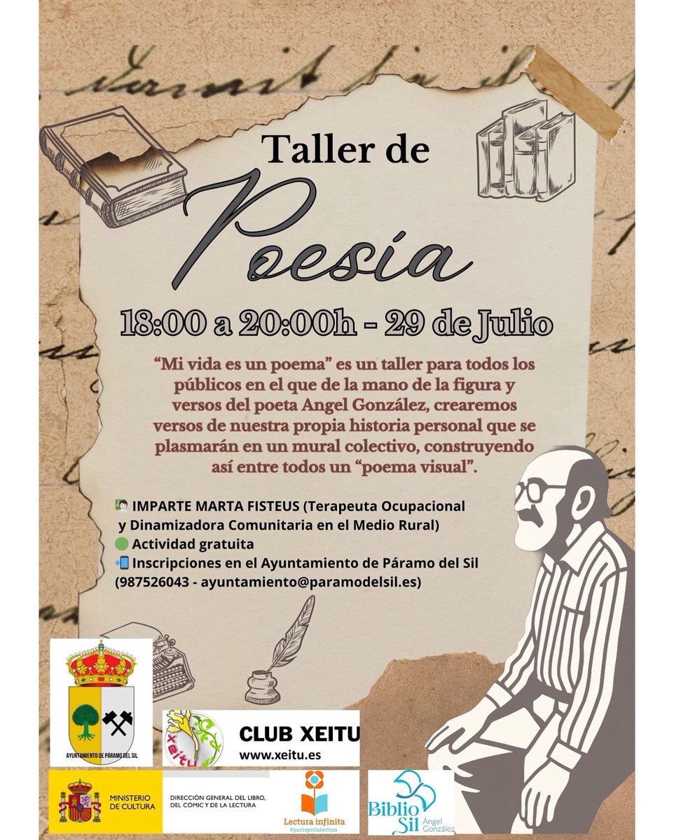 AytoParamo's tweet image. ✍️ YA TE PUEDES APUNTAR A LOS TALLERES DE POESÍA EN EL AYTO DE PÁRAMO DEL SIL
Actividad incluida en el Proyecto Bibliosil, financiado por el Mo de Cultura , Dirección General del Libro, del comic y de la lectura y por Club Xeitu y #AyuntamientodeParamodelSil organizadores