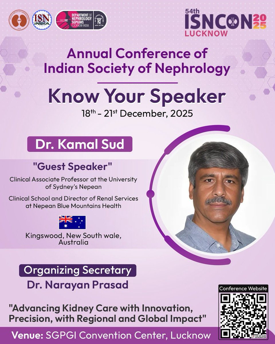 Isncon25's tweet image. π Meet the Expert | ISNCON 2025
βοΈ Dr. Kamal Sud
Welcoming our Renowned International Faculty to Lucknow!
Learn from the best in Nephrology this December.
π SGPGIMS, Lucknow
π
18th β 21st Dec 2025
#ISNCON2025 #MeetTheExpert #GlobalFaculty #ISNCONLucknow