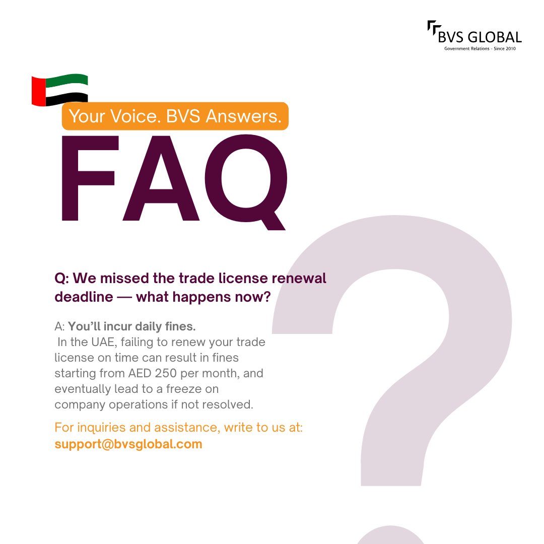 BvsGlobal's tweet image. Missed your trade license renewal in the UAE?

Fines start at AED 200/month — but it gets worse.
Left unresolved, your company could be frozen from operating.

The system won’t warn you. We will.

#AskBVS #BVSGlobal #WeekendFAQs #UAECompliance #NotJustGoogleable #TrustedExperts