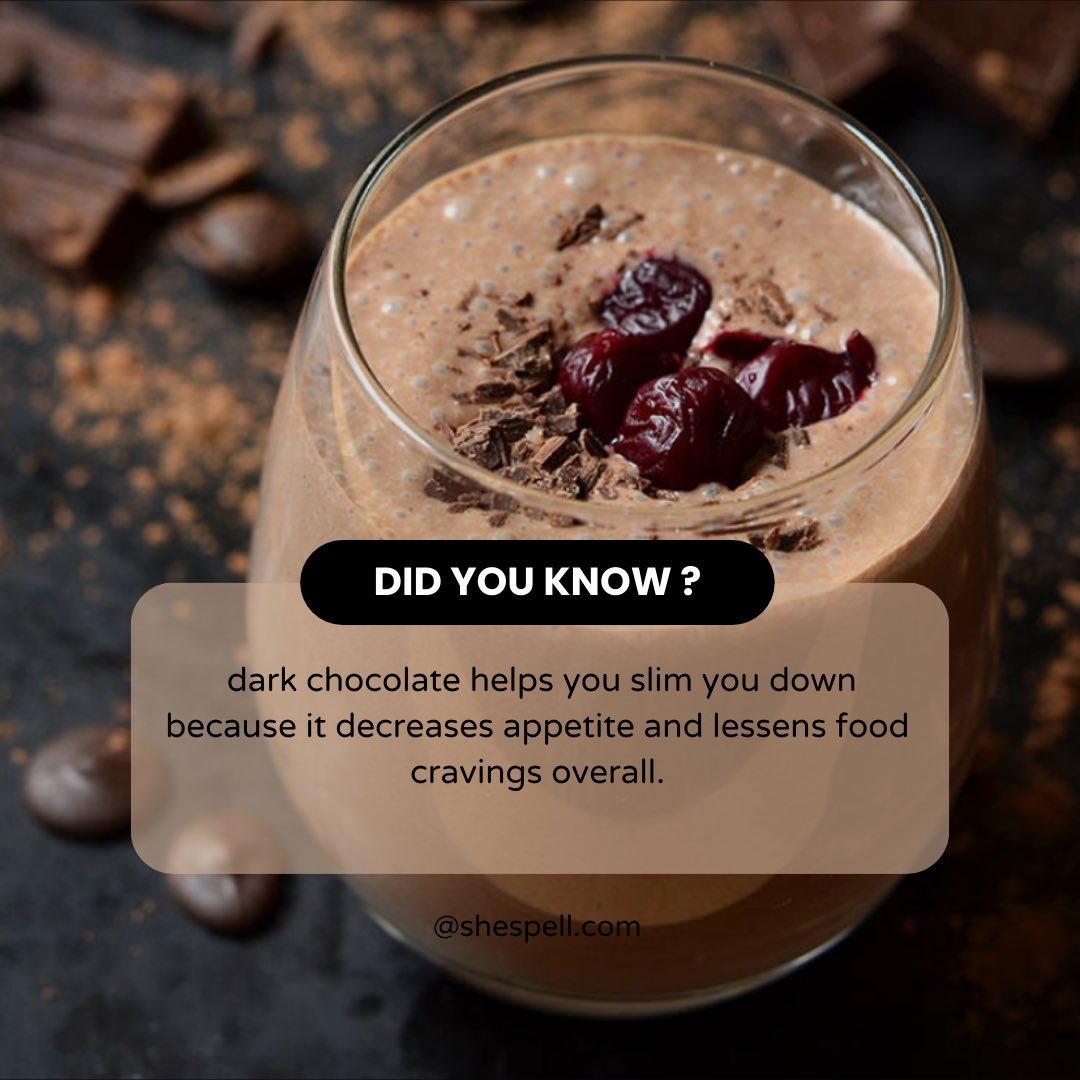 SheSpelOfficial's tweet image. Think chocolate can’t help you slim down? Think again. 🍫
Dark chocolate can reduce cravings and help control appetite. But here’s more to it : with nearly 400 calories, a chocolate shake is more of a meal than a snack.
#HealthyIndulgence #DarkChocolateBenefits #SmartSnacking