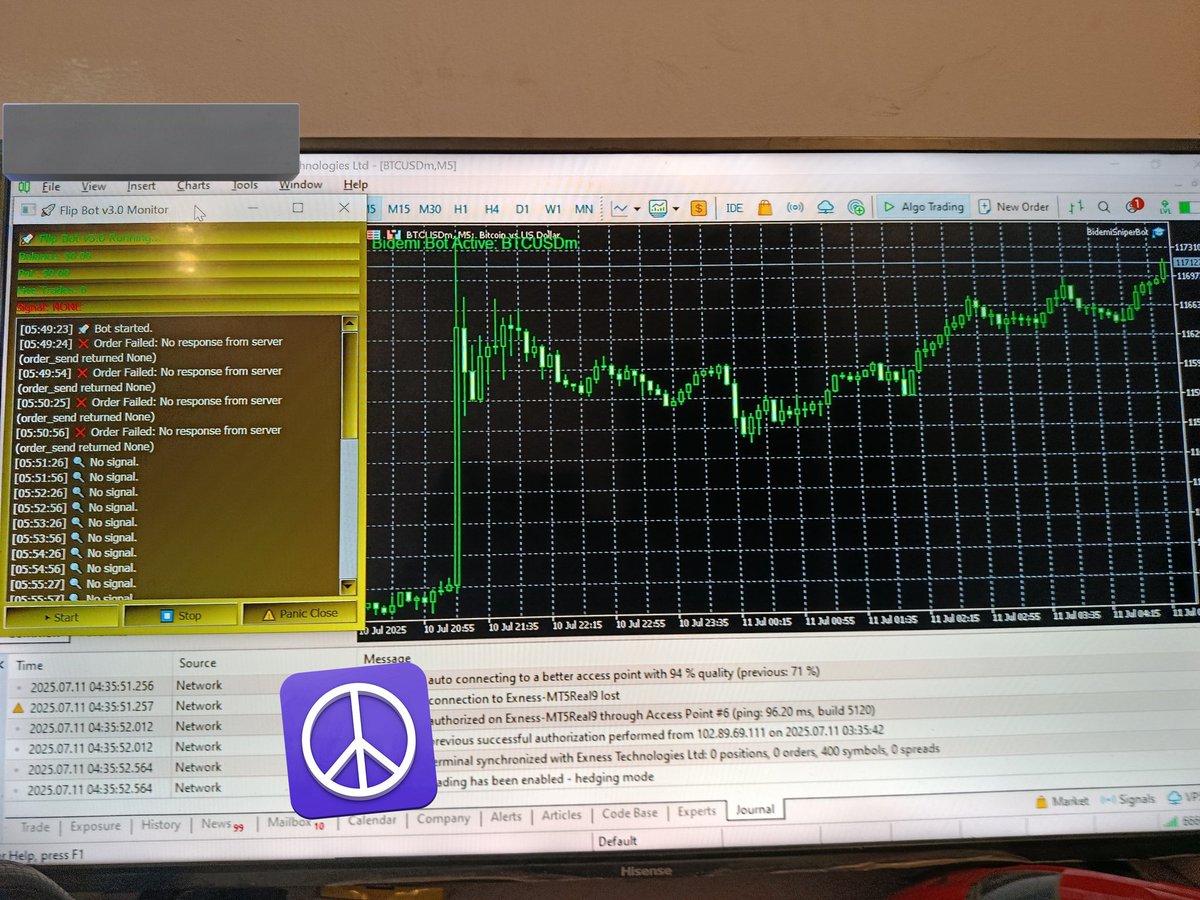 CryptoThugg101's tweet photo. Just finished building Flip Bot v3.0 a sniper trading bot for #BTCUSDm that trades 24/7 with sniper trade, EMA+RSI logic, live GUI, Telegram alerts & full automation. After 80%+ win rate, I’m coming for #XAUUSD next. Let’s flip.💰🔥 #AlgoTrading #Bitcoin #MT5 #BotBuilder #BTCUSD https://t.co/xw2BoPR4m5