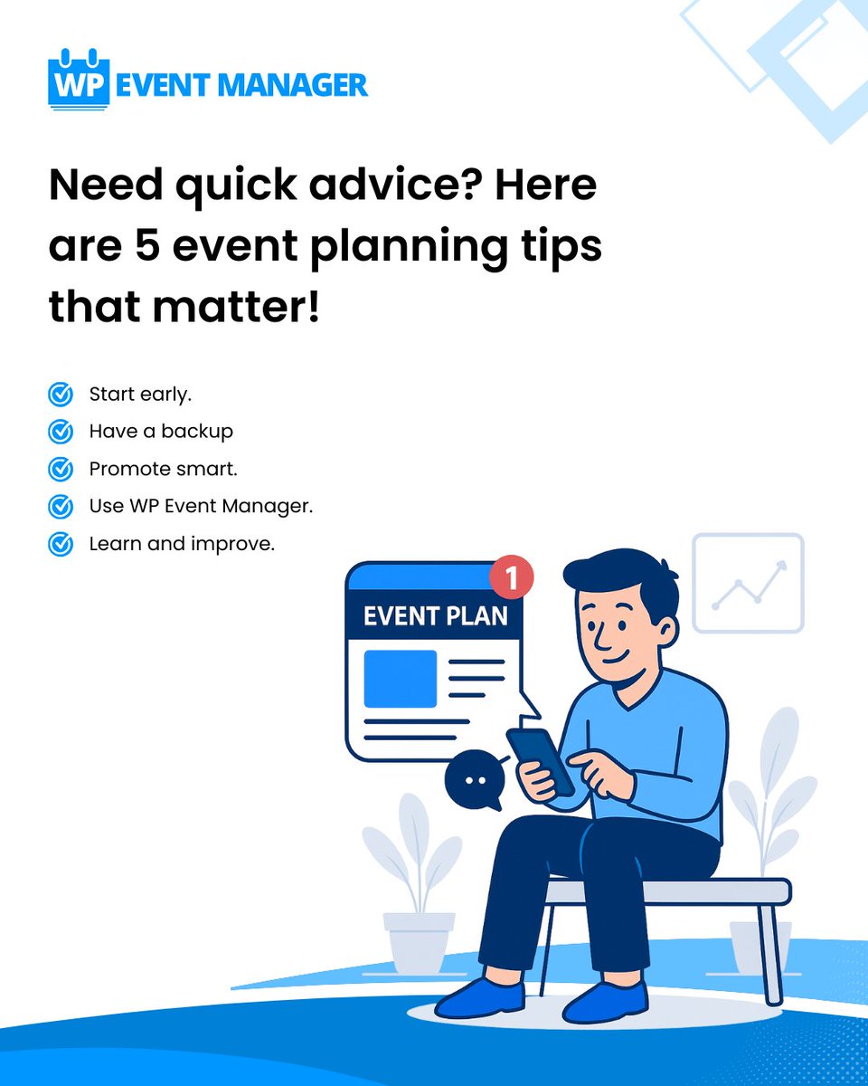 wp_eventmanager's tweet image. 🎉 Planning an event? Here are 5 quick tips:
✨ Start early—book venue/vendors fast
☔ Always have a backup plan
📣 Promote via socials, email & partners
🛠️ Use WP Event Manager for smooth ops
📊 Analyze & improve with surveys/data
Got a tip? Share it! 👇
#EventTips #WPEM