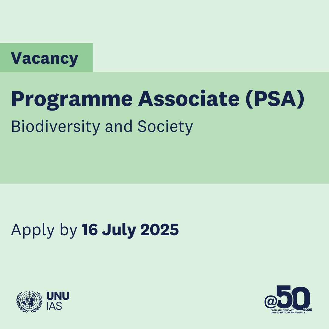 UNUIAS's tweet image. 🚨 Only a few days left to apply!
Do you have a bachelor’s or master's degree in biodiversity and are fluent in English & Japanese?
We are #hiring a Programme Associate for our Biodiversity & Society research and activities.
Apply by 16 July ➡️buff.ly/9hv8vTn
#UNJobs