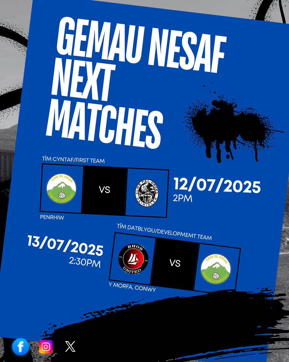 ⚽️ GEMAU NESAF/NEXT MATCHES ⚽️

Tîm Cyntaf/First Team 

Mynydd vs Clwb Pêl-Droed Deiniolen

12/07/2025 - 2pm

📍 Penrhiw, Mynydd Llandegai

—————————————————-

Tîm Datblygu/Development Team

Rhos United Football Club Vets vs Mynydd

13/07/2025 - 2:30pm

📍Y Morfa, Conwy

💙💙💙💙