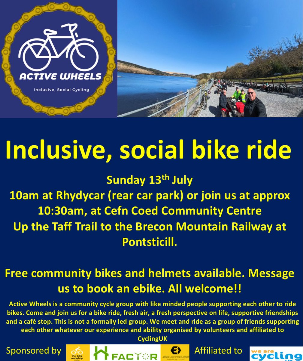 We have 2 #inclusive, #social rides this weekend. 

On Saturday to Aberfan Community Centre and Sunday to Brecon Mountain Railway- Tearooms at Pontsticill station,

Both rides start from the car park behind Merthyr Leisure Centre at Rhydycar at 10am

Bike and e-bikes free to use.