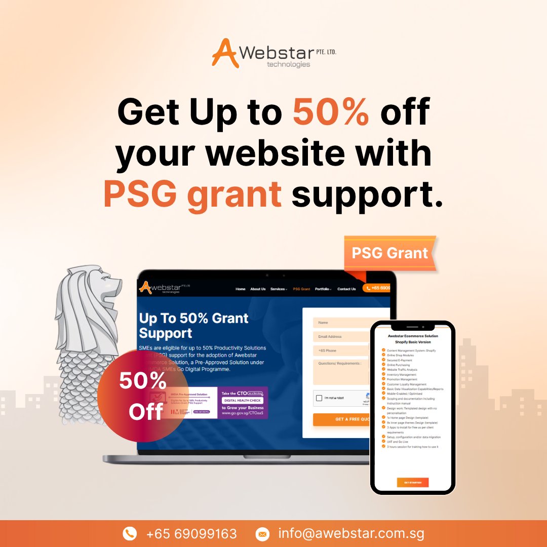 Awebstarsg's tweet photo. Singapore SMEs!
Get up to 50% OFF your website with PSG Grant support.
✅ IMDA-approved
✅ Shopify/Ecommerce-ready
✅ Trusted by 1000+ brands
Apply now: https://t.co/4PdtRueV2Y
#PSGGrant #ShopifySG #SMEsGoDigital #WebDesignSG #GoDigitalSG #Awebstar https://t.co/HyST51dVq9