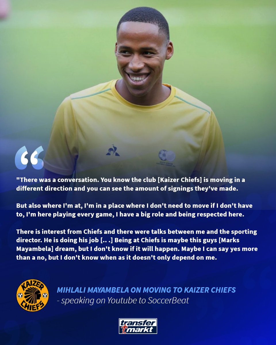 Sahil Ebrahim (@sahil_e_) on Twitter photo ๐ ๐๐ฌ๐๐ ๐๐๐๐ ๐ข๐ก ๐๐๐๐๐๐ฆ
Mihlali Mayambela was asked about his potential Kaizer Chiefs move and admitted that conversations were had, but a move was unlikely. ๐ฃ๏ธ
Mayambela was speaking to <a href="/umjaka/">Umjaka ๐ #DlalaMdlali</a> on <a href="/SoccerBeatZA/">SoccerBeat</a>. Find the full episode here๐ฝ
youtu.be/aIxQYq9Lc-A ๐ ๐๐ฌ๐๐ ๐๐๐๐ ๐ข๐ก ๐๐๐๐๐๐ฆ
Mihlali Mayambela was asked about his potential Kaizer Chiefs move and admitted that conversations were had, but a move was unlikely. ๐ฃ๏ธ
Mayambela was speaking to <a href="/umjaka/">Umjaka ๐ #DlalaMdlali</a> on <a href="/SoccerBeatZA/">SoccerBeat</a>. Find the full episode here๐ฝ
youtu.be/aIxQYq9Lc-A