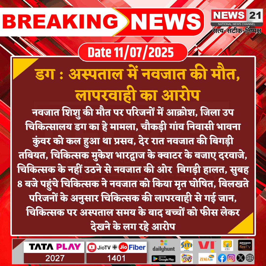 news21national's tweet photo. #Jhalawar : डग अस्पताल में नवजात की मौत, लापरवाही का आरोप

#BreakingNews‌ #NewsUpdates #LatestNews #News21National #InfantDeath #DoctorNegligence #RajasthanNews #HealthCareCrisis #NewbornCase @JhalawarPolice https://t.co/1zYhl0yHGI