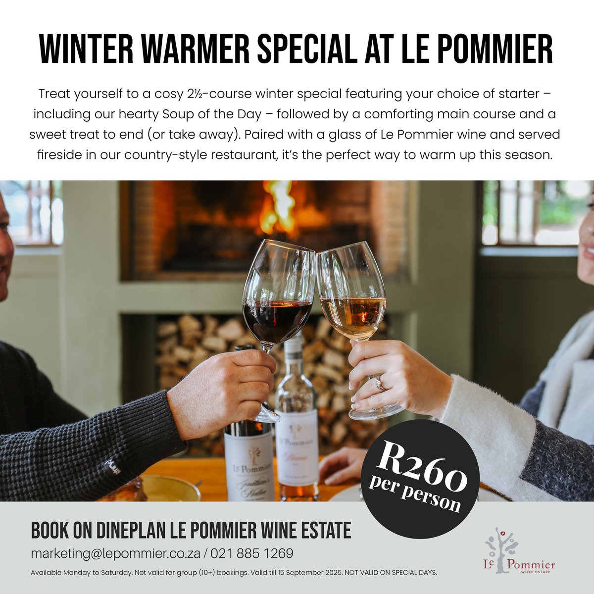 ❄️ Warm up this winter at Le Pommier!
Enjoy our 2- 1/2 course set menu by the fireplace 🍷
Farm-style favourites, cosy vibes &amp; great value.

Available this winter – bookings essential!
dineplan.com/restaurants/le… 📌Stellenbosch
#WinterWarmer #LePommierSpecials #WinelandsDining