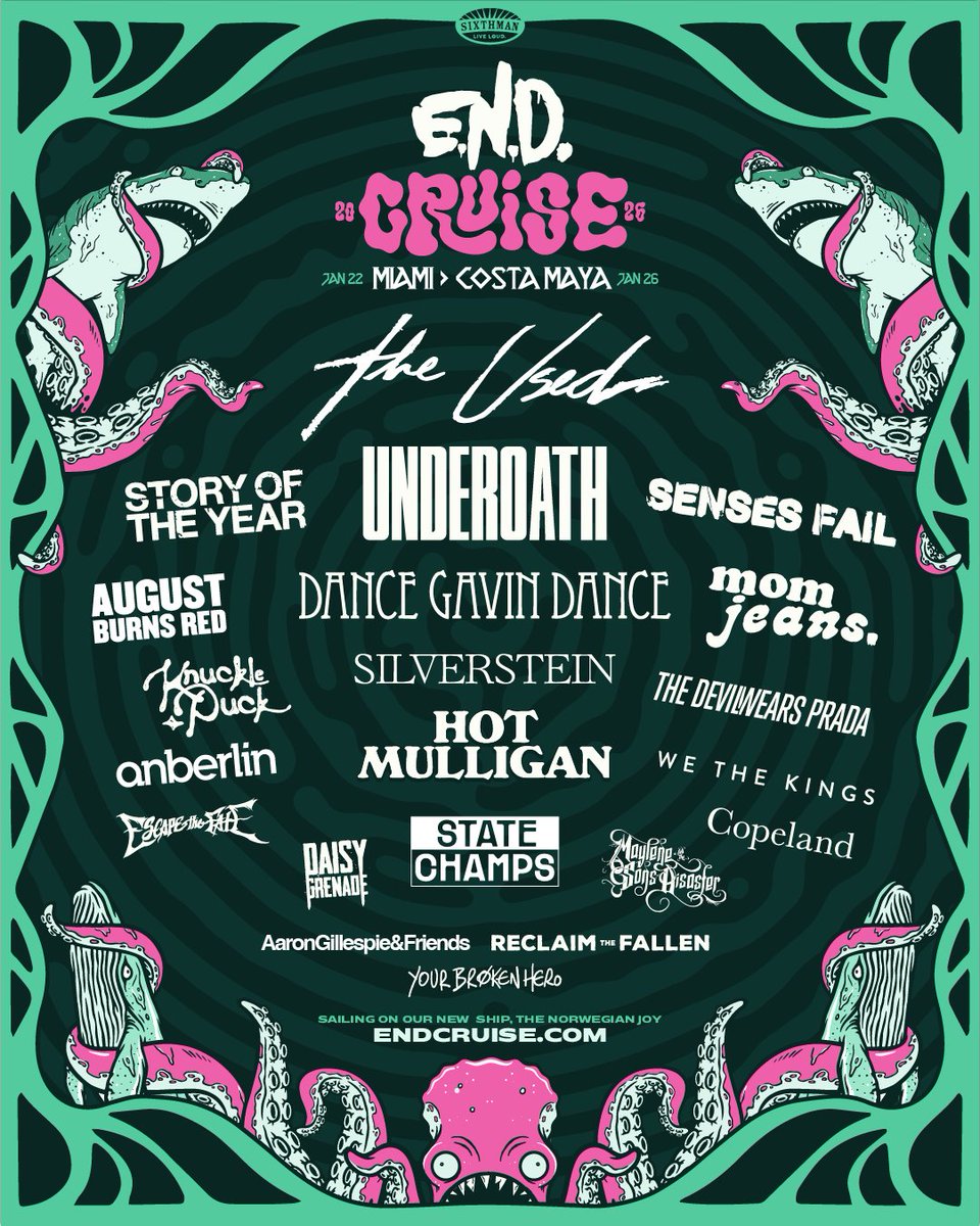 SF + the <a href="/emosnotdead/">Emo's Not Dead</a> cruise  🦈💀
See you on January 22nd