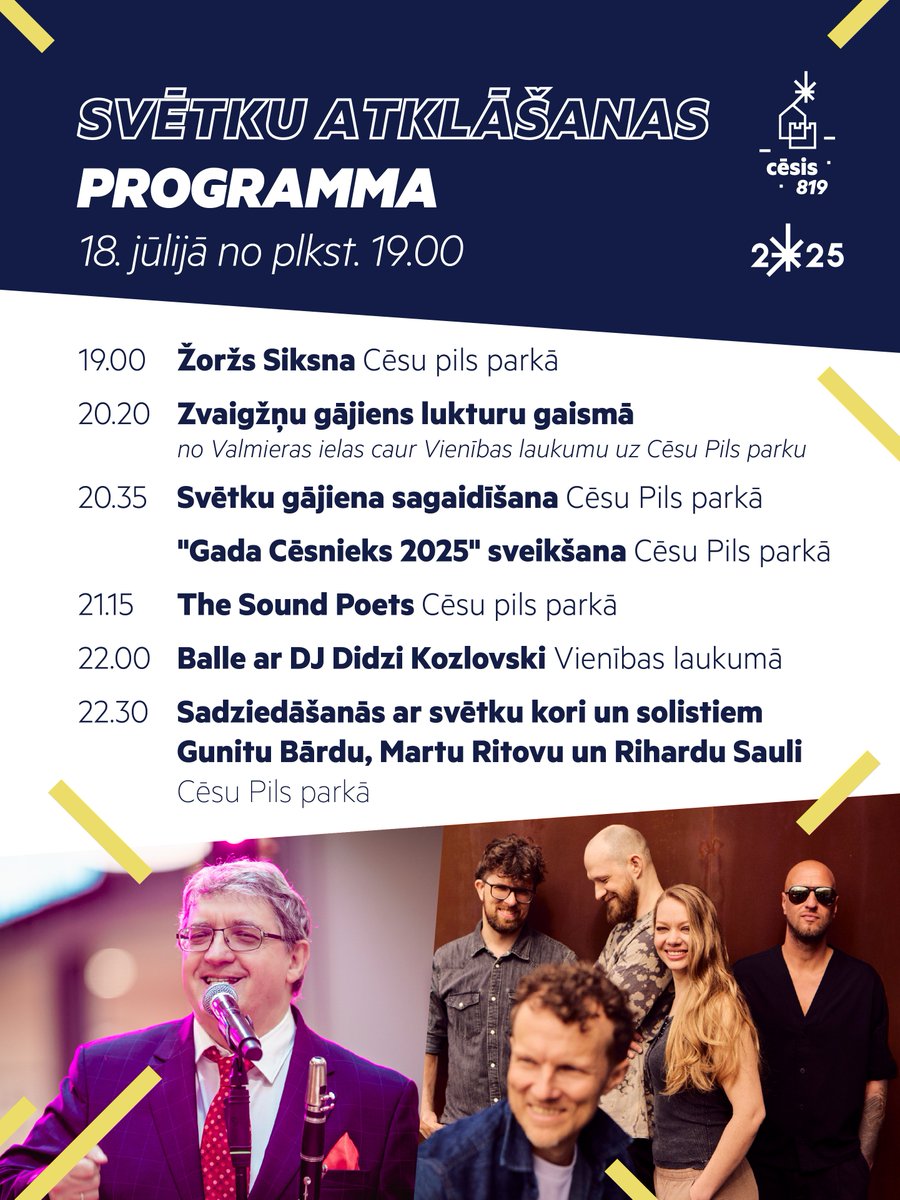 Sāc laika atskaiti – Cēsu svētki jau nākamnedēļ! 💫

Piektdien, 18. jūlijā, Svētkus “Cēsis 819” ieskandināsim un atklāsim Cēsu Pils parkā ar koncertu, kurā uz skatuves kāps Žoržs Siksna, savukārt, vēlāk – grupa The Sound Poets.  

Pilna svētku programma: ej.uz/c819-programma