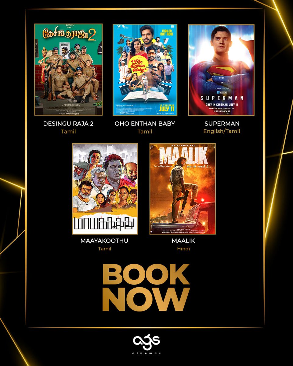 This weekend, let the only drama be on the big screen🎬🍿

Book your tickets now 🎟️ 

🔗linktr.ee/agscinemasbook…

#DesinguRaja2 #OhoEnthanBaby #Superman #Maayakoothu #Maalik #AGSCinemas #BookNow