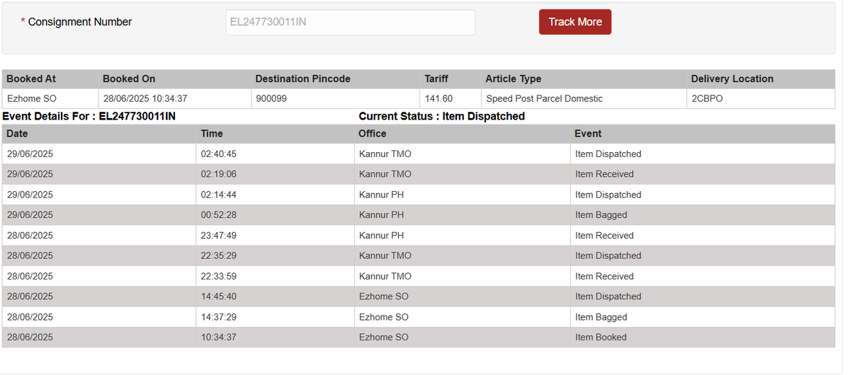 Dathvishnu's tweet photo. I booked a Speed Post on 28th June, but there's been no update since then and the receiver still hasn’t got it.
This delay is causing serious inconvenience. Kindly look into it.
@IndiaPostOffice @DoC_GoI 
Tracking ID: EL247730011IN
#IndiaPost #SpeedPostDelay https://t.co/8eXKy9e3RQ