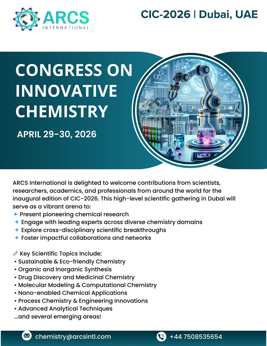 Arcs International (@arcsintl) on Twitter photo #CIC2026 #Chemistry2026 #ChemistryResearch #ChemistryInnovation #ChemistryInsights #FutureOfChemistry #ChemistryTrends #ChemistrySummit #CongressOnInnovativeChemistry #ChemistrySummit #Dubai #UAE
PS: arcs-international.com/conferences/inβ¦
Contact us at: chemistry@arcsintl.com #CIC2026 #Chemistry2026 #ChemistryResearch #ChemistryInnovation #ChemistryInsights #FutureOfChemistry #ChemistryTrends #ChemistrySummit #CongressOnInnovativeChemistry #ChemistrySummit #Dubai #UAE
PS: arcs-international.com/conferences/inβ¦
Contact us at: chemistry@arcsintl.com