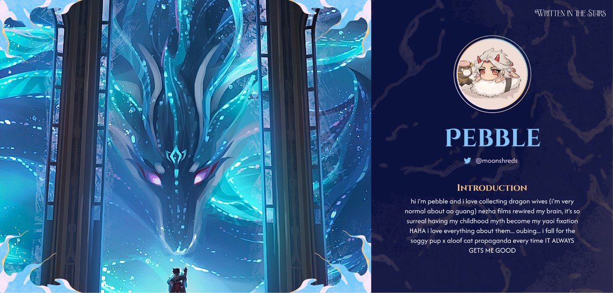 WITStarsZine's tweet image. 🪷 CONTRIBUTOR SPOTLIGHT 🐉
Introducing @moonshreds, our local dragon wife collector and also a fellow victim to puppy x cat propaganda. With the gauntlet of dragon wives, Pebble will be delivering us majestic art 🙂↕️