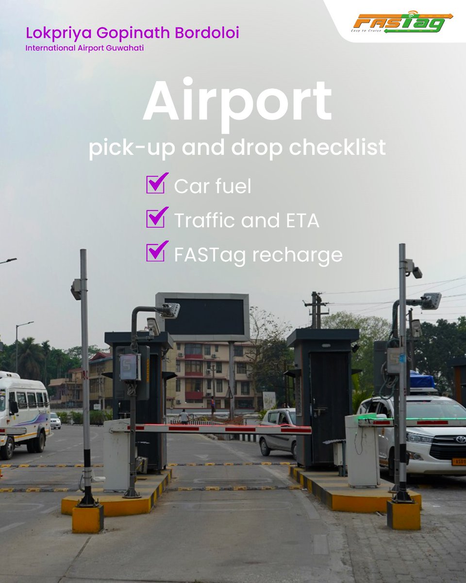 Just a little reminder to make your pickups and drops smoother than ever.

Always check your #FASTag wallet before heading to #GuwahatiAirport!

#LGBIA #MagicOfTravel #Guwahati #Airport #Aviation