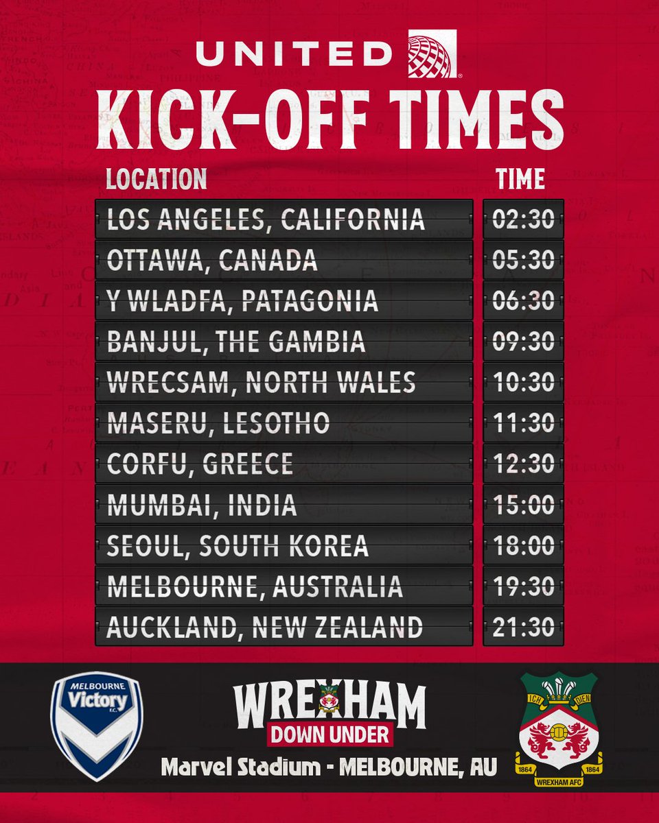 Wrexham AFC (@wrexham_afc) on Twitter photo Today's kick-off times around the World, presented to you by <a href="/united/">United Airlines</a> 🤝
Where do you plan on watching our Wrexham Down Under Tour opener from?👇
🔴⚪ #WxmAFC Today's kick-off times around the World, presented to you by <a href="/united/">United Airlines</a> 🤝
Where do you plan on watching our Wrexham Down Under Tour opener from?👇
🔴⚪ #WxmAFC